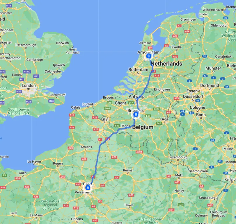 Paris, Brussels & Amsterdam itinerary map with route between the three cities