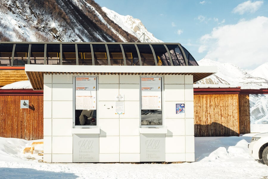 A ticket booth in Kobi sells tickets for the cable car to Gudauri ski resort.