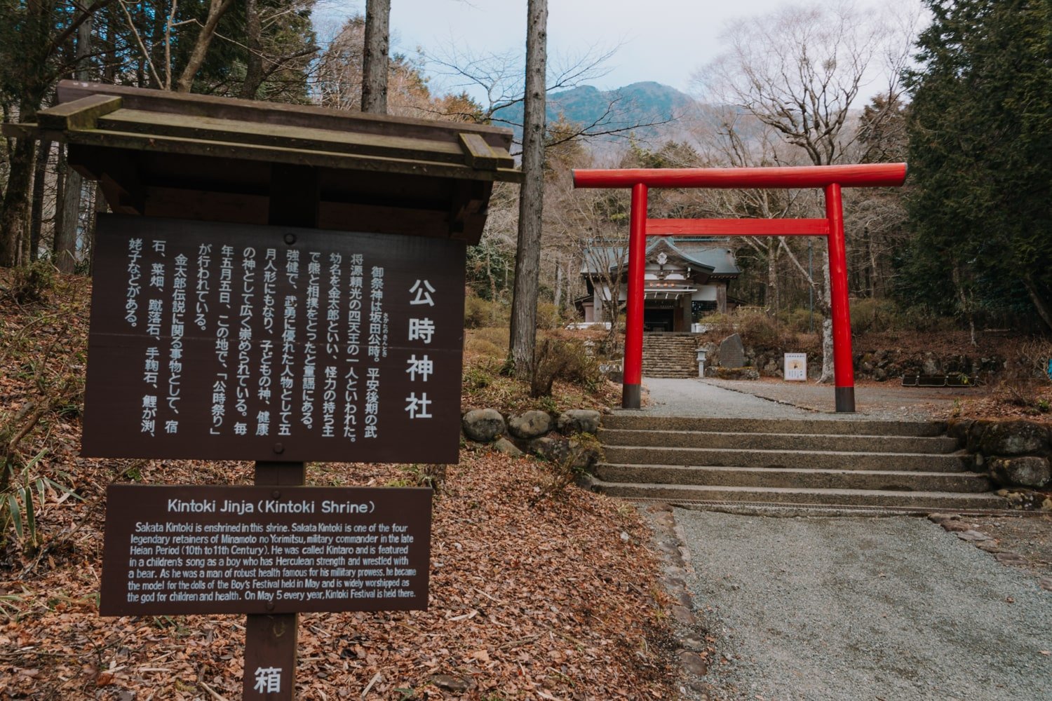 Red torii gates and a sign post explaining about how Sakata Kintoki is enshrined at the Kintoki Jinja.