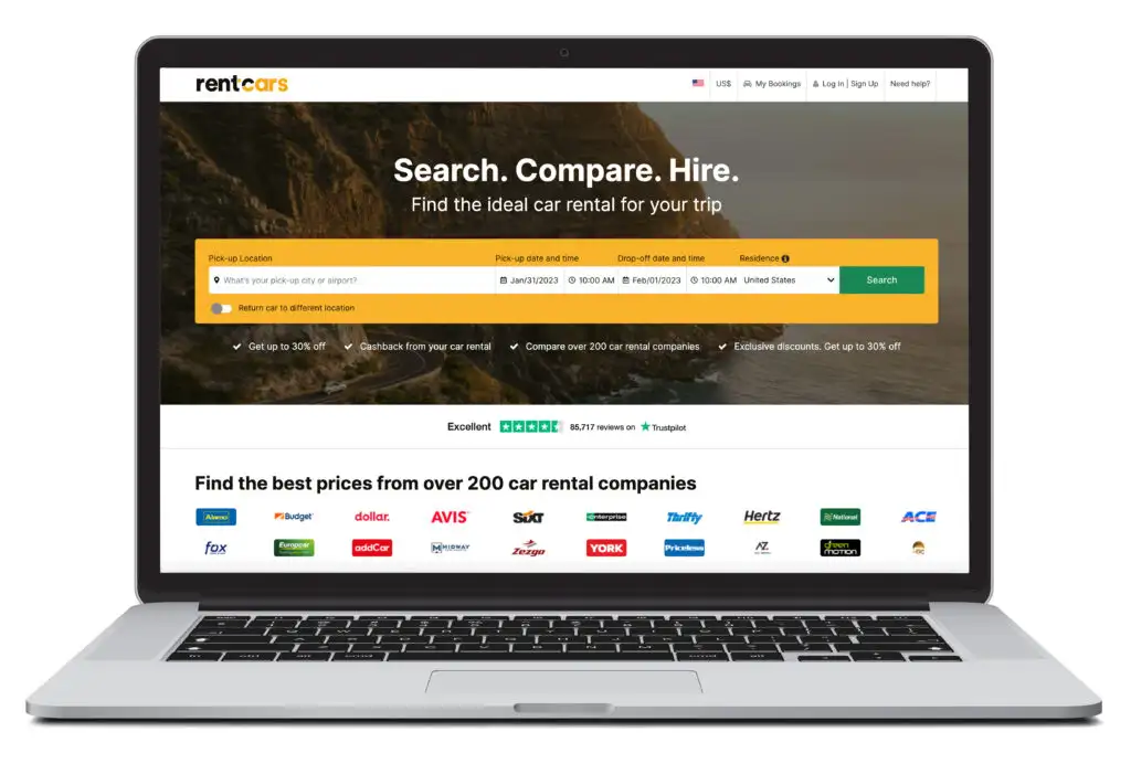 Illustration of laptop showing the car rental homepage of Rentcars.com