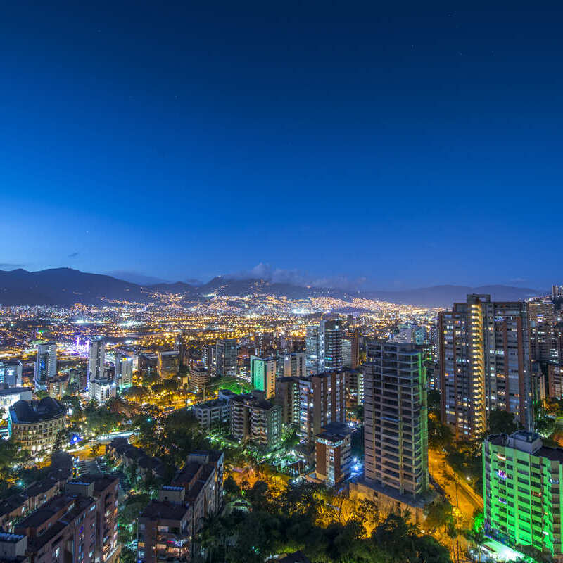 Aerial View Of Downtown Medellin At Night, Colombia, South America