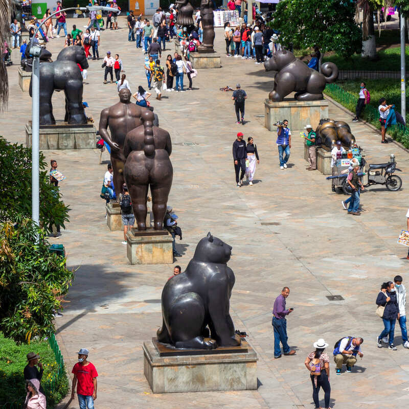 Aerial View Of Public Square Dotted With Statues In Medellin, Colombia, South America