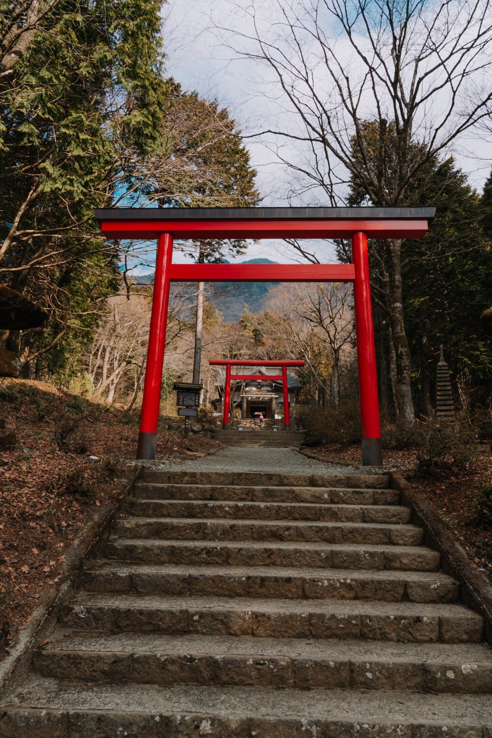 The red torii gates of the Kintoki Jinja (shrine) in Hakone, Japan.