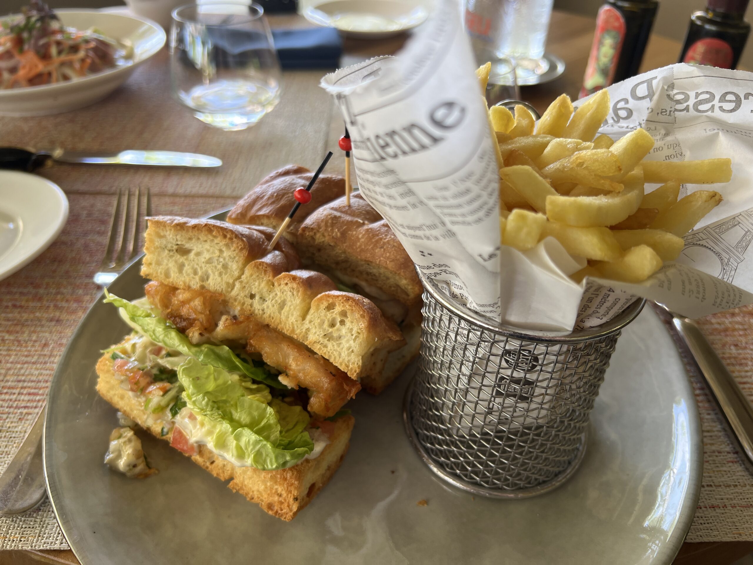 fish sandwich and fries at conrad bora bora nui