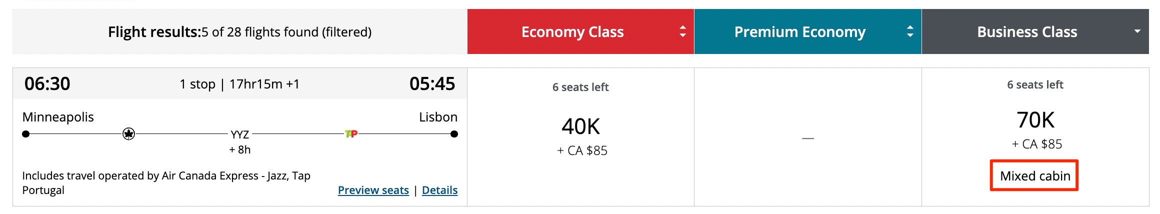 Air Canada award search mixed cabin MSP-LIS