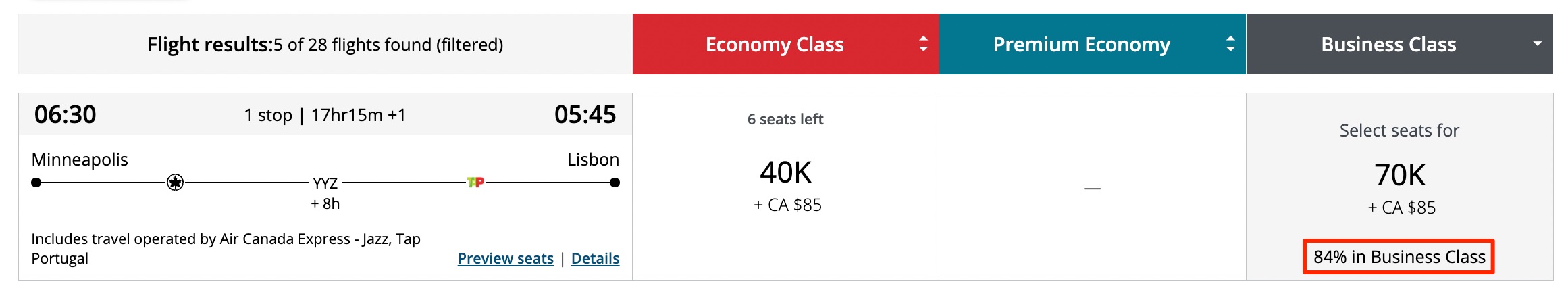 Air Canada award search mixed cabin business class percentage MSP-LIS