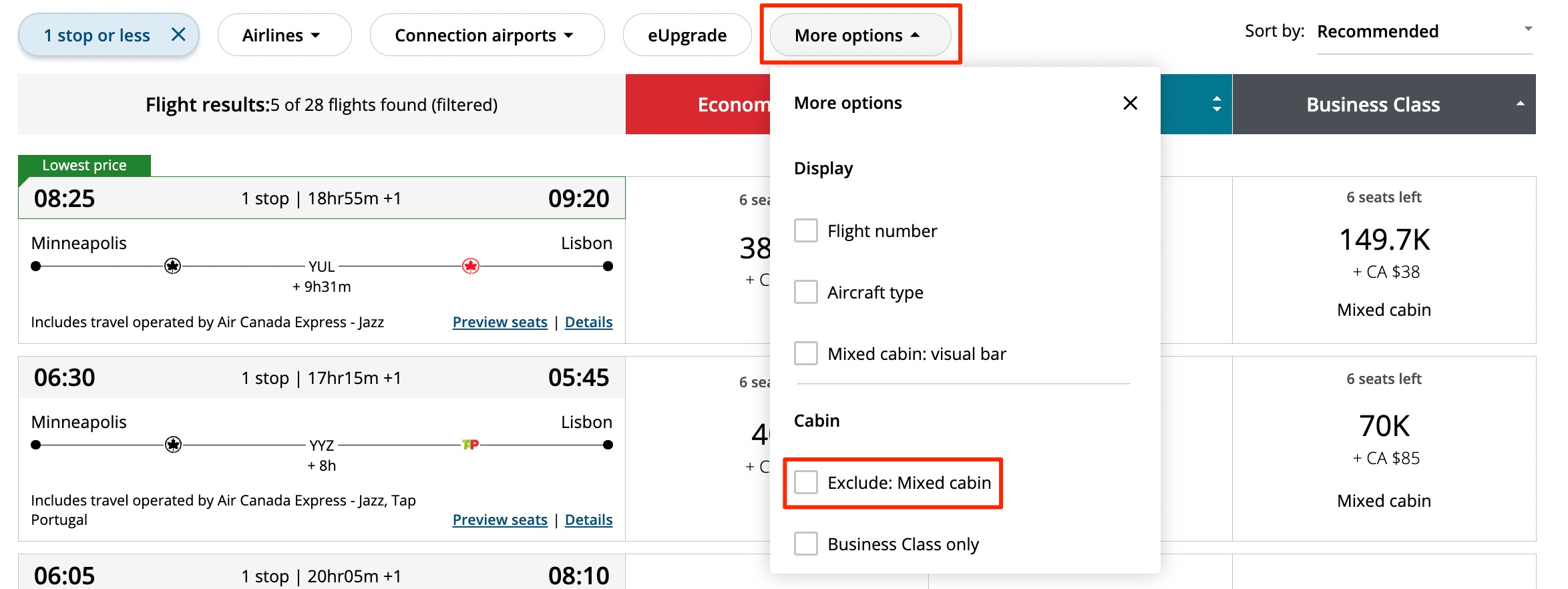 Air Canada award search more options filter