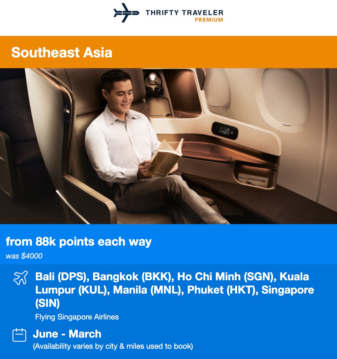 Thrifty Traveler Premium flight deal for Southeast Asia