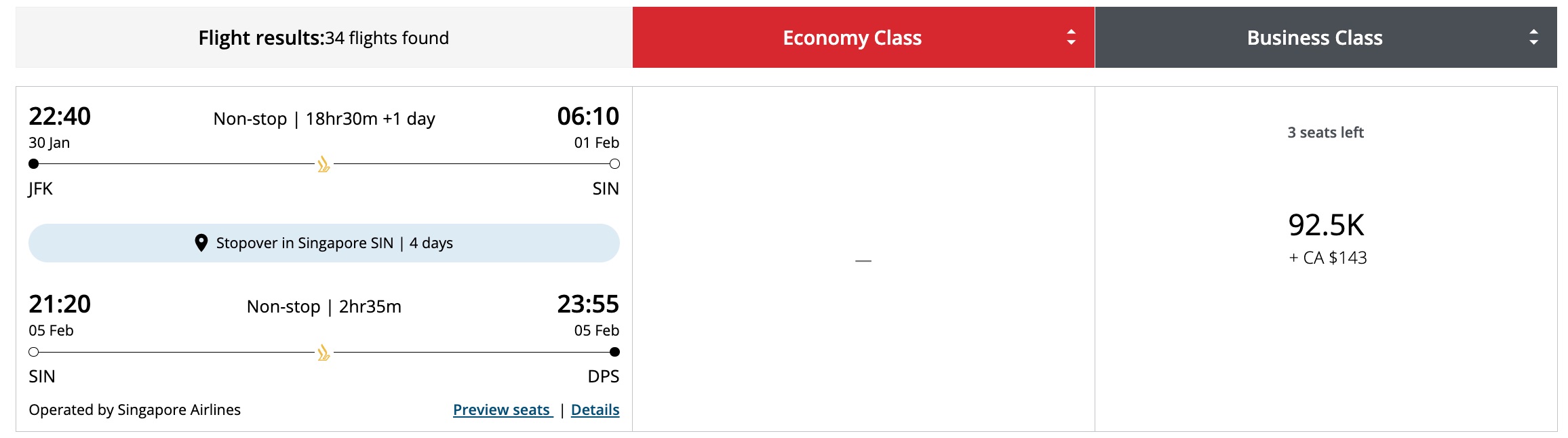 Air Canada stopover flight example