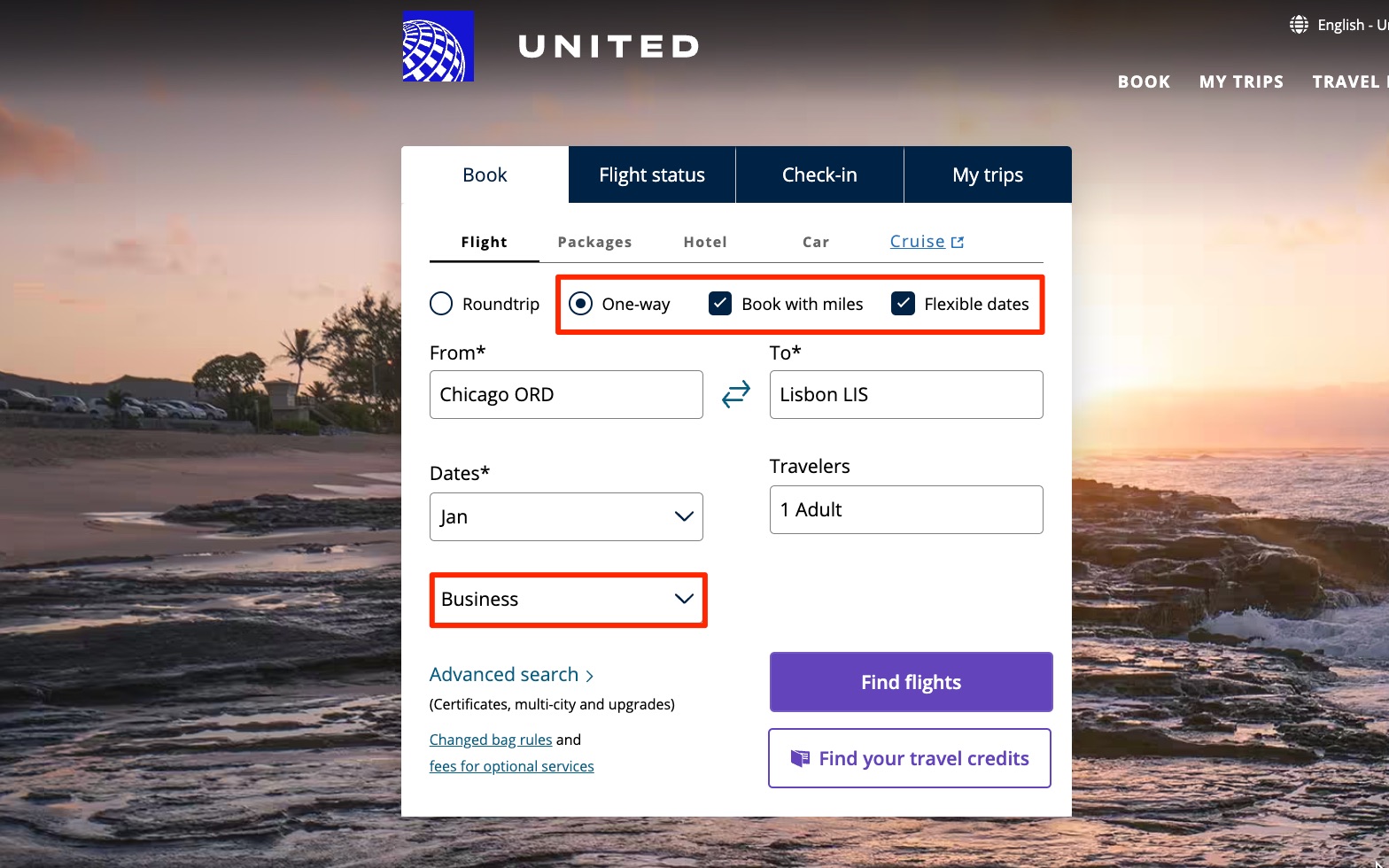 United Airlines award search