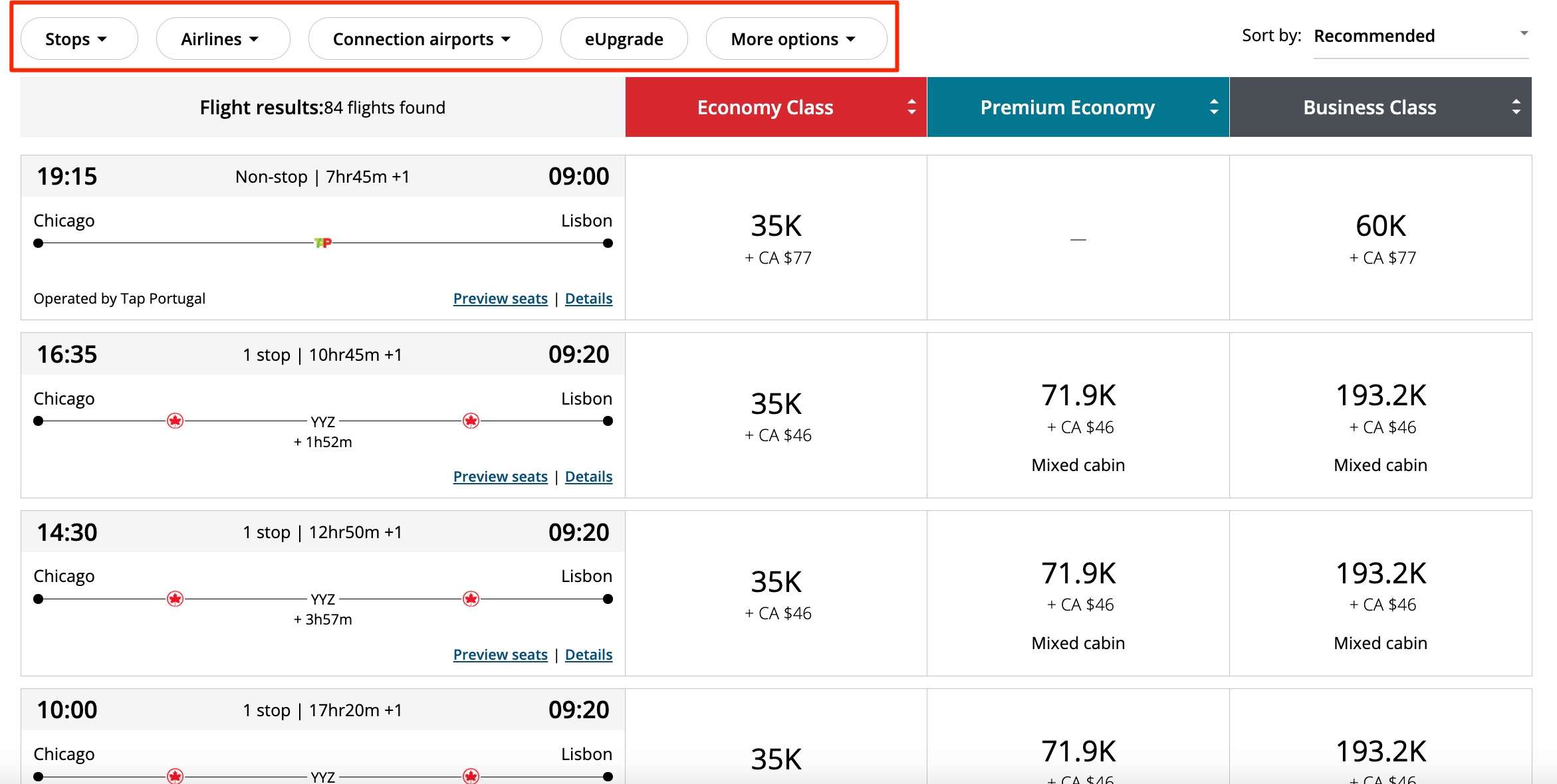 Air Canada award search results page