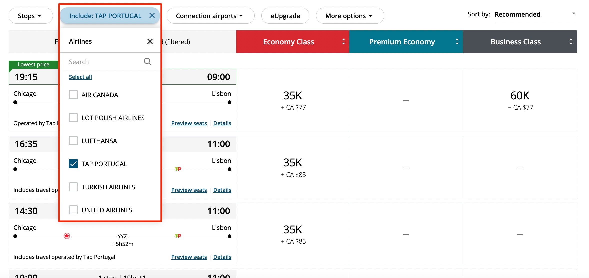 Air Canada award search filters