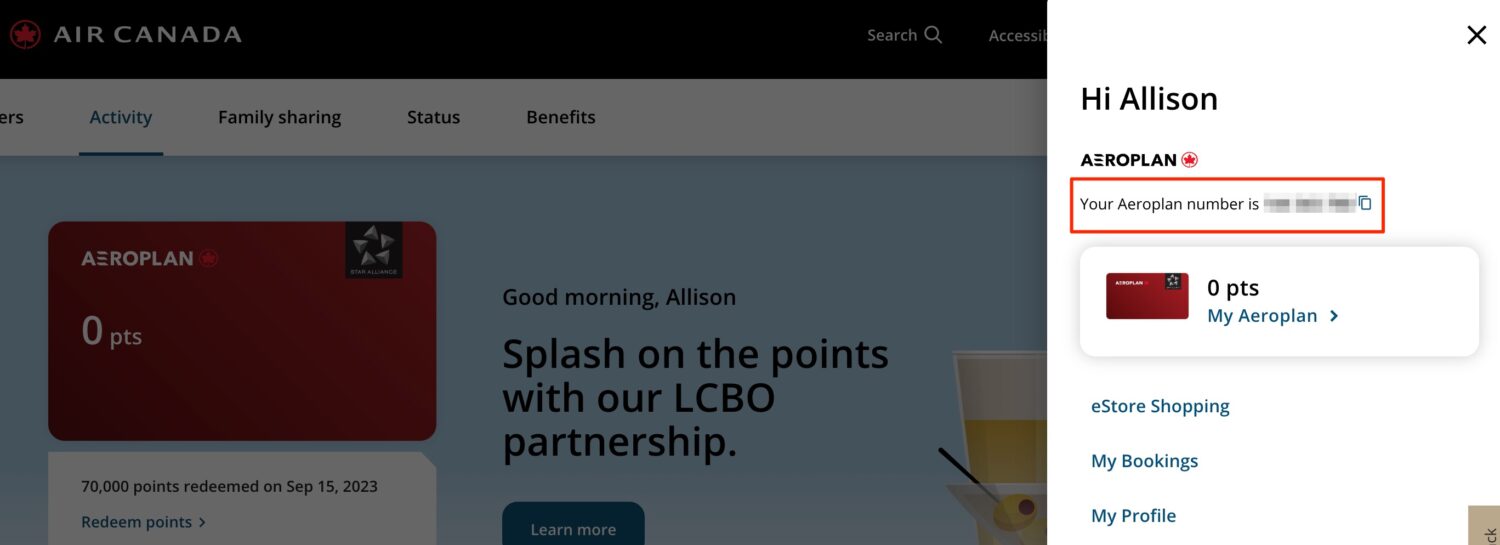 Air Canada Aeroplan account