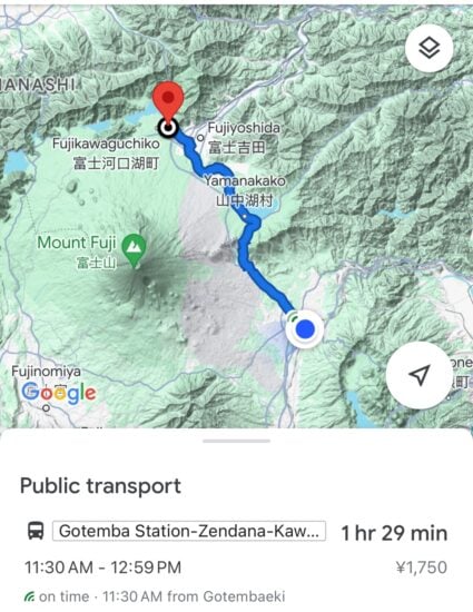 A Google Maps screenshot showing the route from Gotemba station to Fujikawaguchiko by bus.