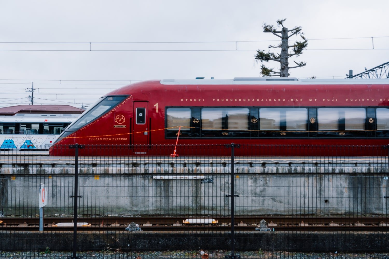 The red Fujisan Express Train at station in Kawaguchiko, Japan.