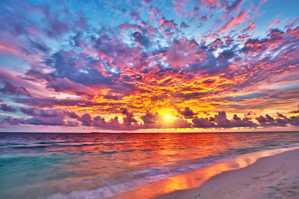 Colorful sunset over ocean on Maldives