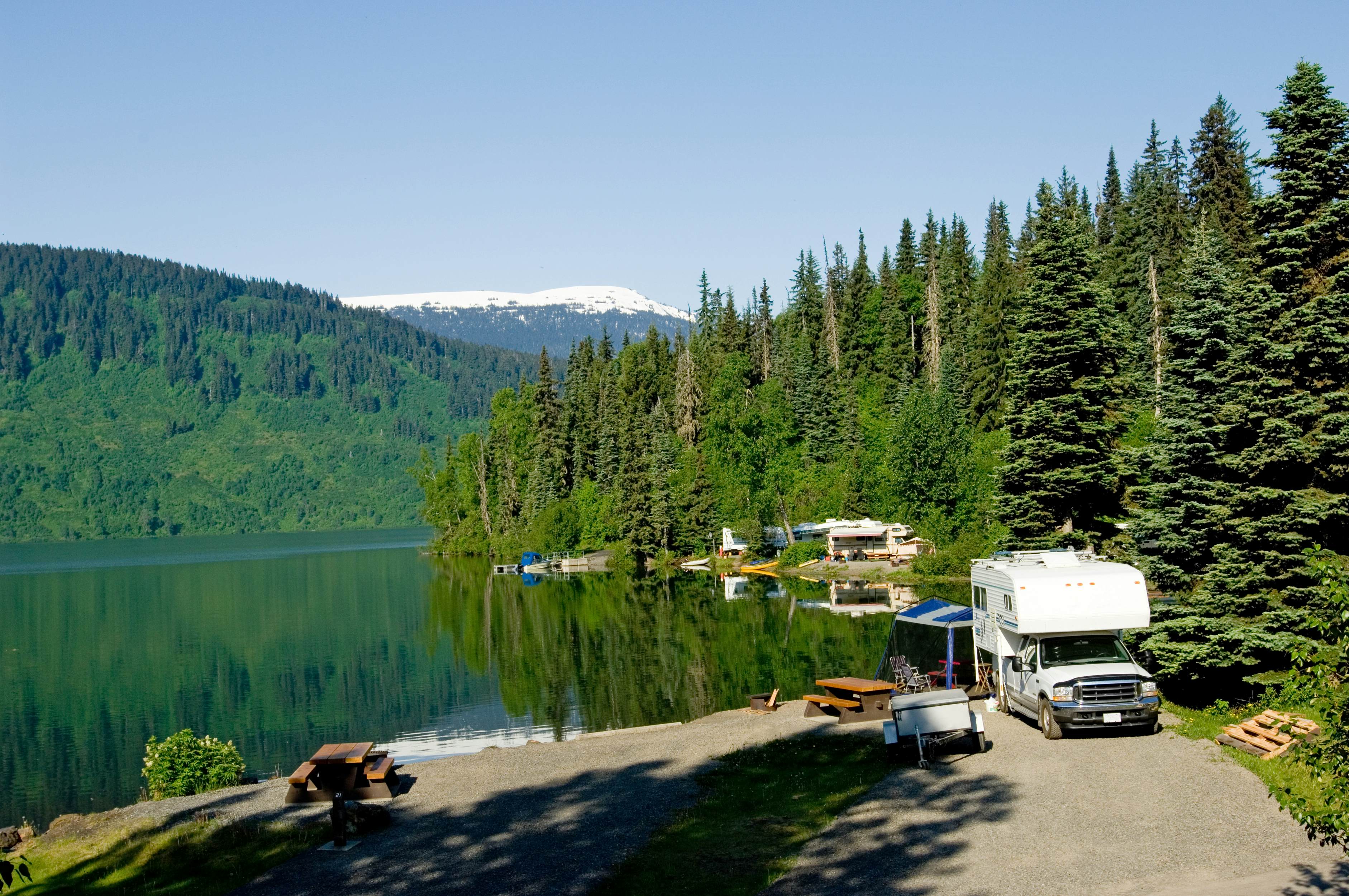 Recreational vehicles parked at an RV park, Alaska, USA