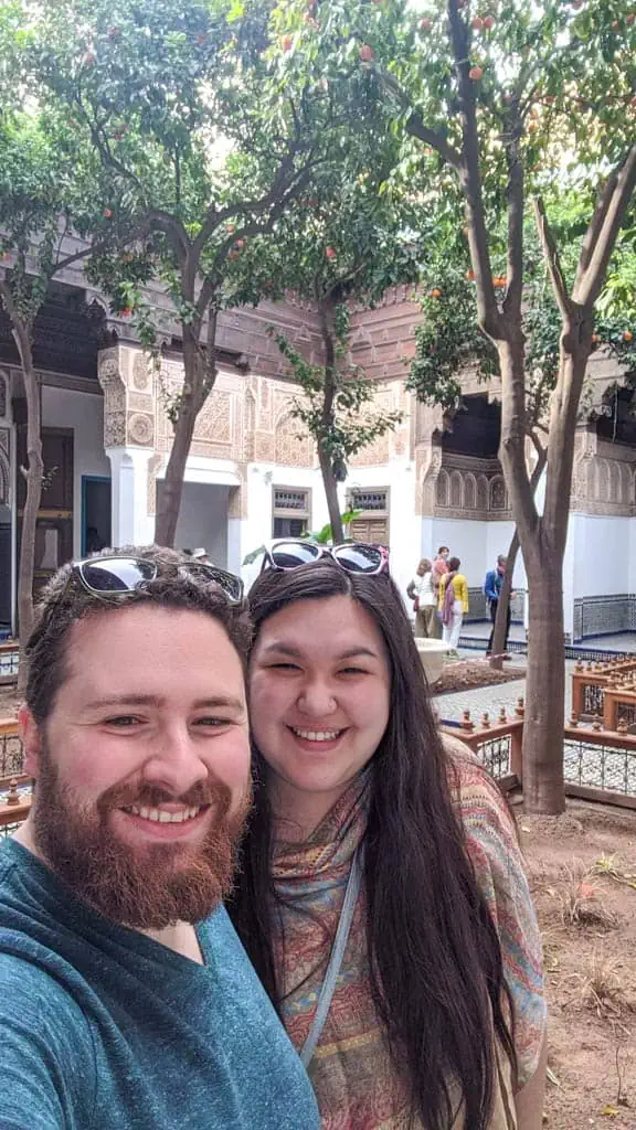 Colin and Riana taking a selfie at Bahia Palace in Marrakech Morocco