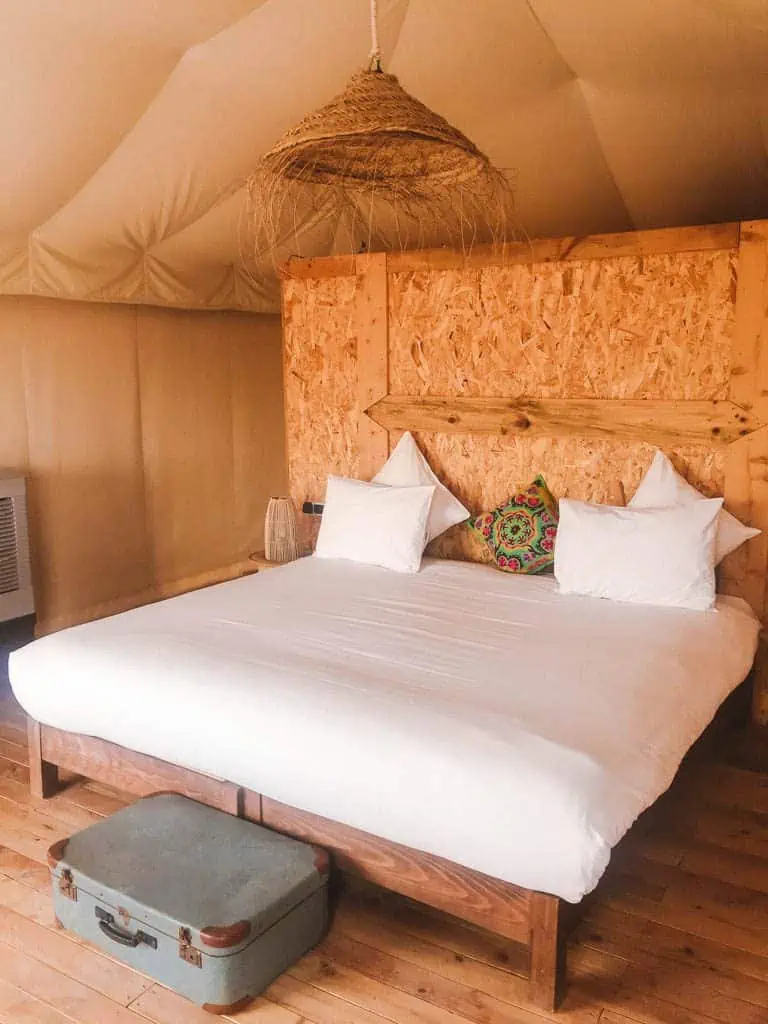 Bed in our glamping tent