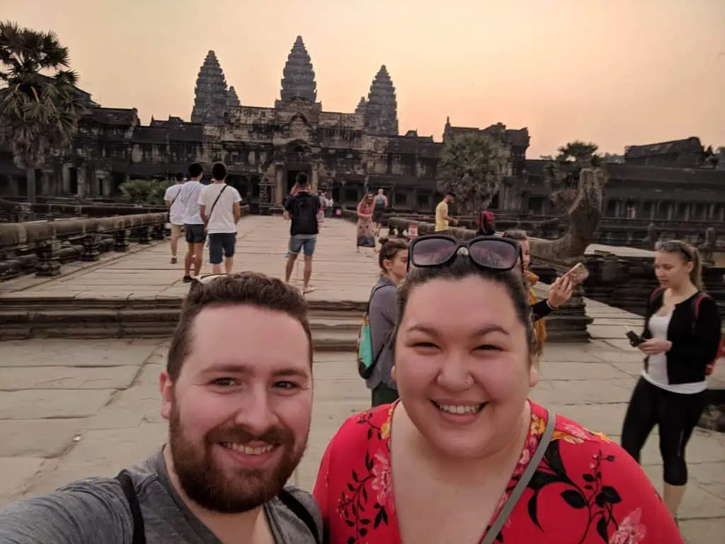 Selfie of Riana and Colin in front of Angkor Wat in Cambodia