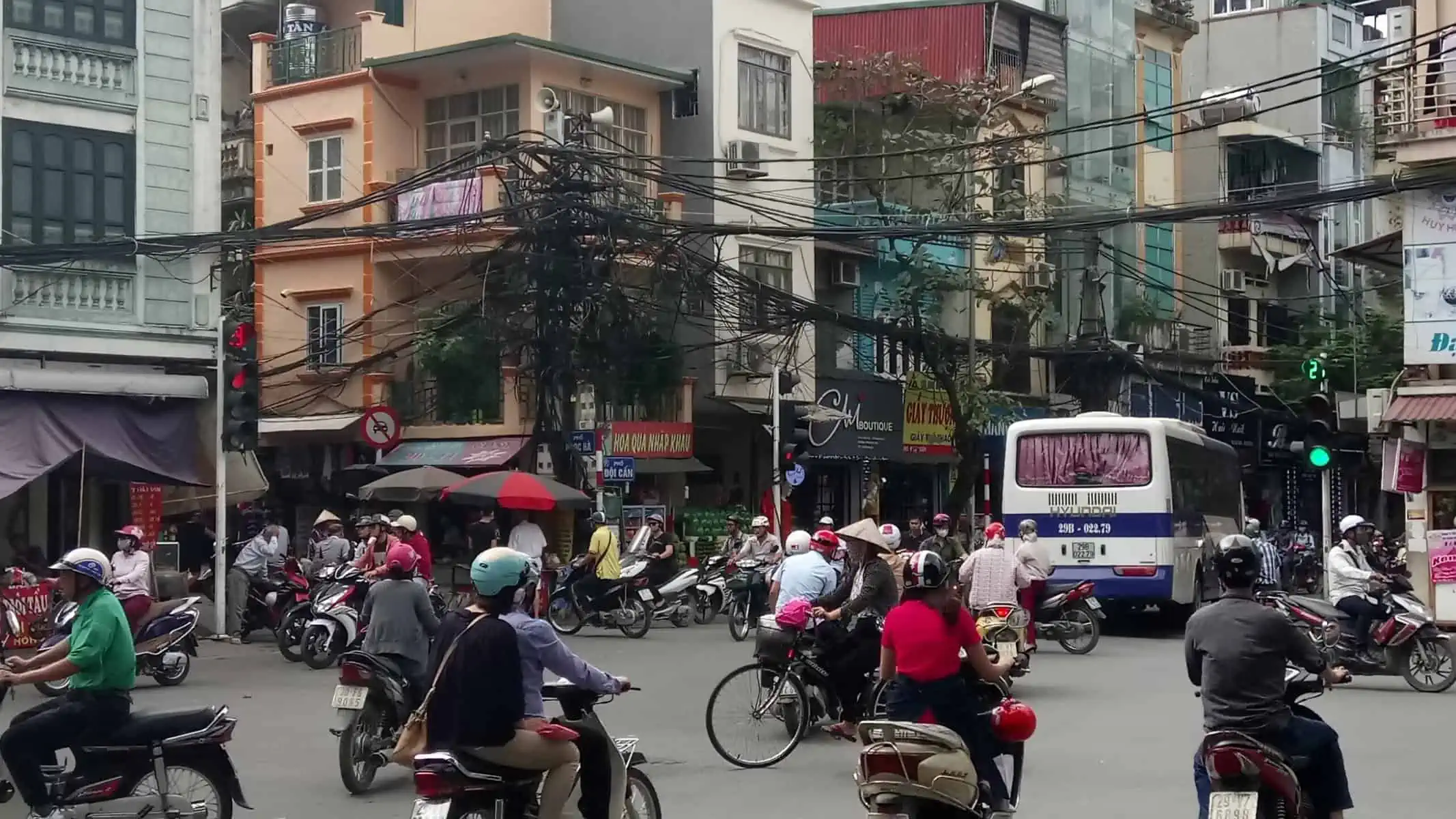 Spaghetti power lines in Hanoi, Vietnam