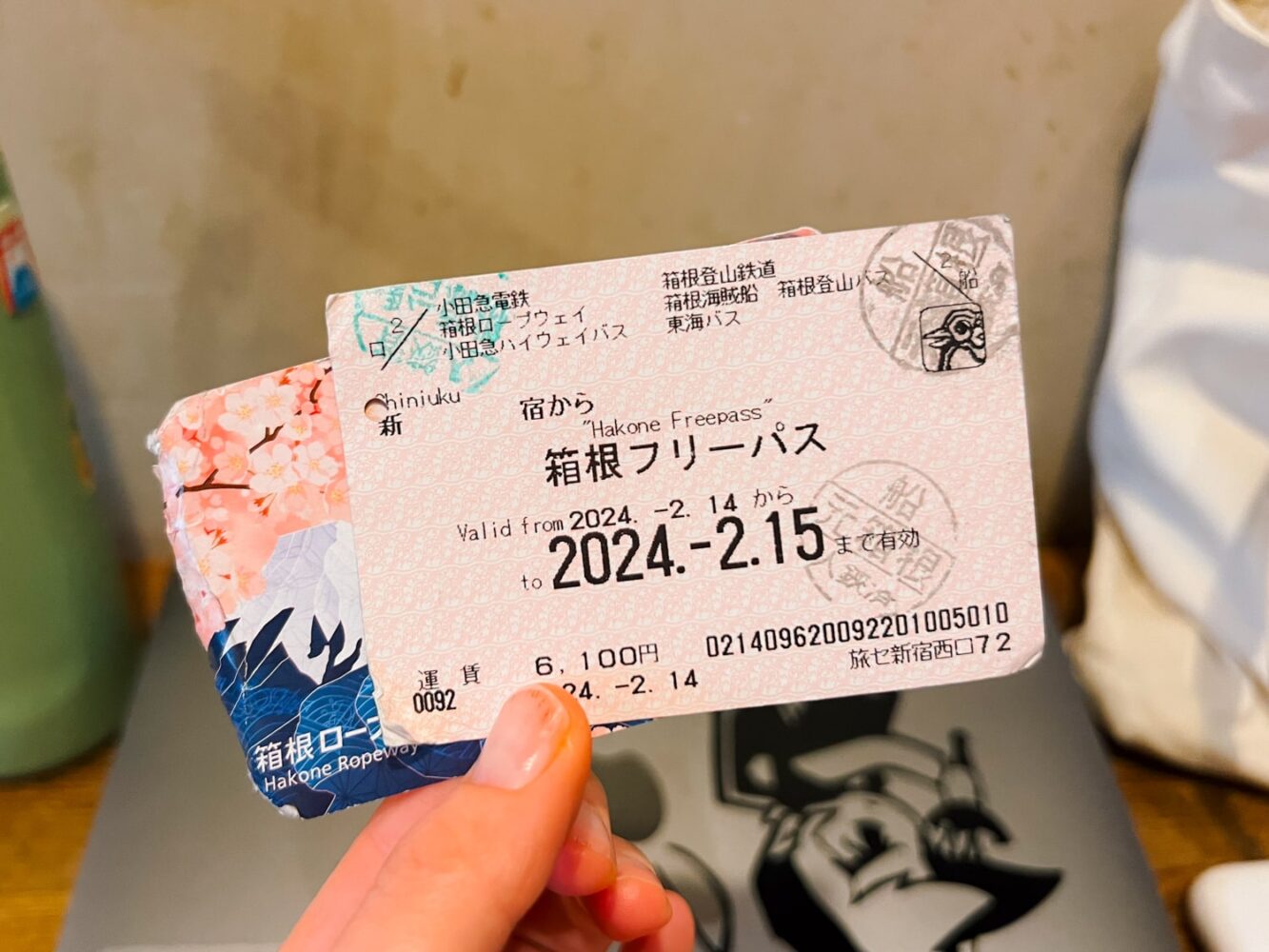 Girl holding Hakone Freepass tickets in her hand.