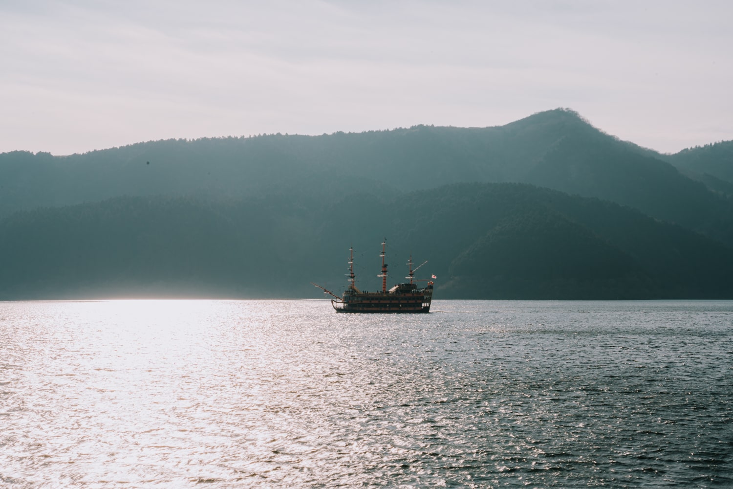 The pirate-themed boat cruise crossing Lake Ashi from Togendai to Motohakone-ko in Japan.