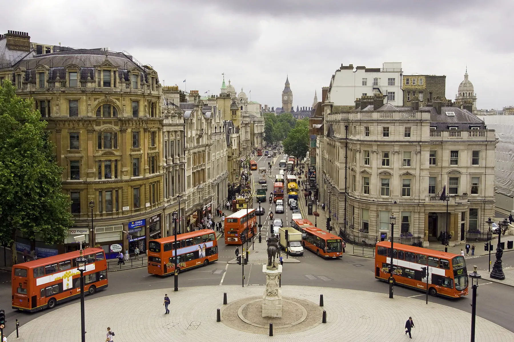 View from the top of Nelson's Column in Trafalgar Square down Whitehall towards Big Ben