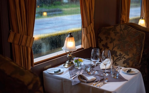 Inside of Transcantabrico Gran Lujo luxury train travellong across northern Spain, Europe