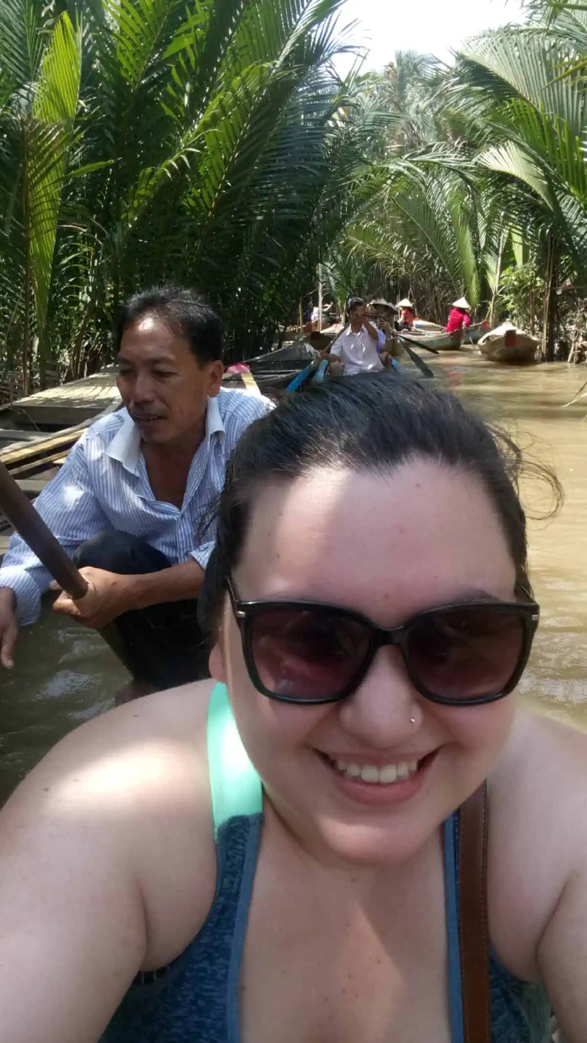 Selfie of Riana on a small canoe ride on a Mekong Delta tour in Vietnam in 2016