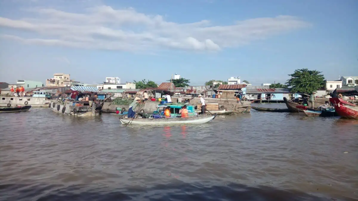 Vendor boats floating along the Mekong Delta in Vietnam