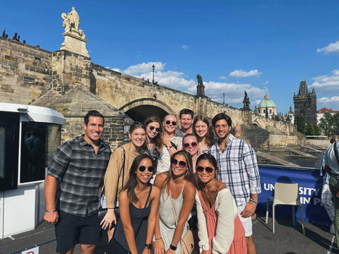 University of Massachusetts student Jessie and some new friends on a boat cruise in Prague during Orientation Week