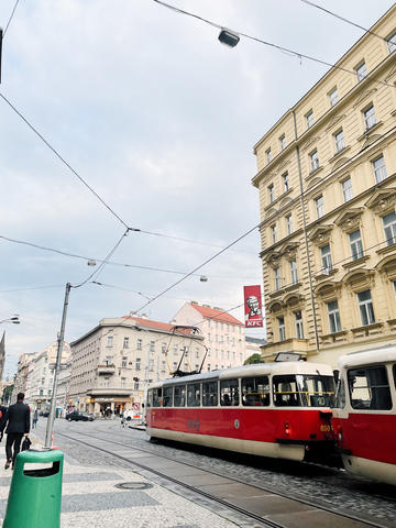 A tram runs through Prague city above ground bus on a wire in this photo by University of Massachusetts student Jessie