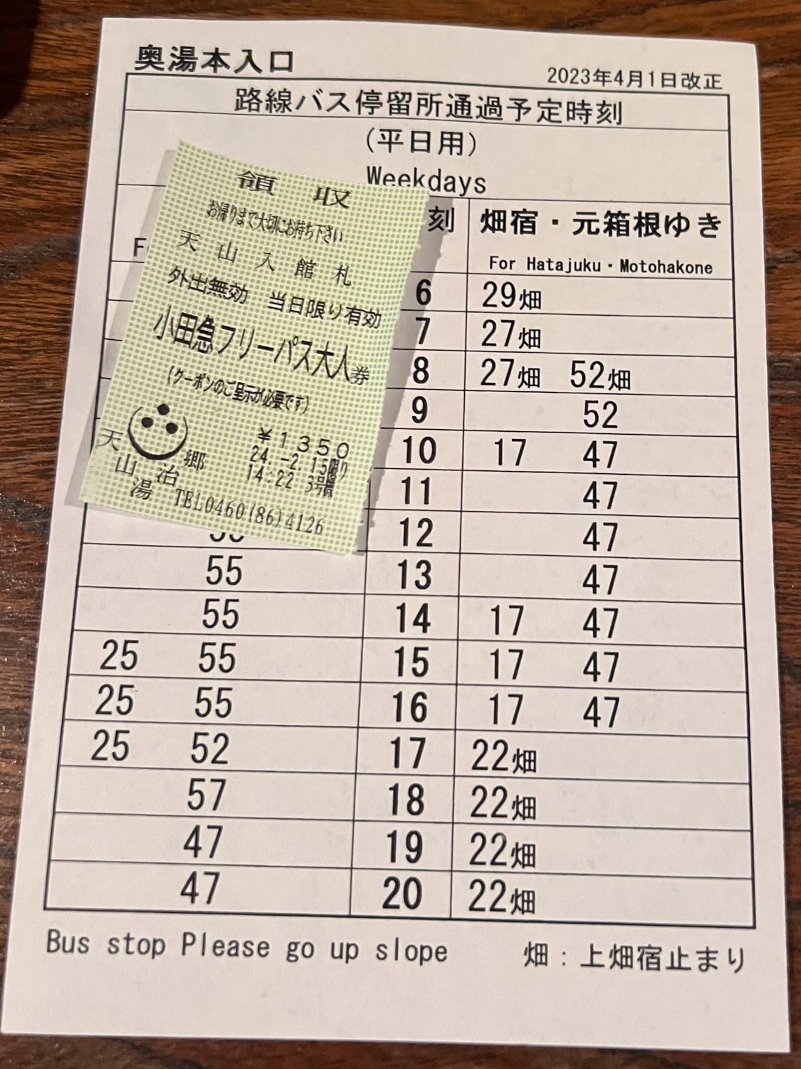 A paper with bus time table from Tenzan Onsen to Hakone Yumoto and Motohakone.