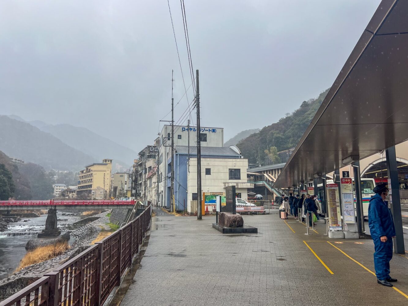 Hakone-Yumoto train and bus station on a rainy day.