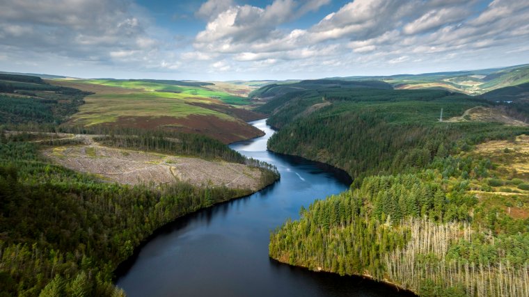 Aerial view of Llyn Brianne, a man-made reservoir and dam in the headwaters of the River Towy in Mid Wales, UK