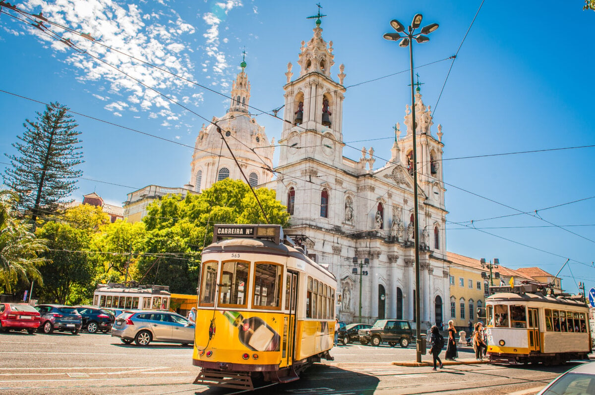 Yellow tram on Lisbon, Portugal streets