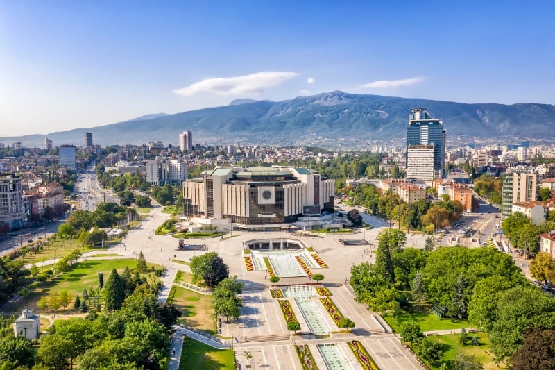 Amazing aerial view of National Palace of Culture in the city of Sofia, capital of Bulgaria