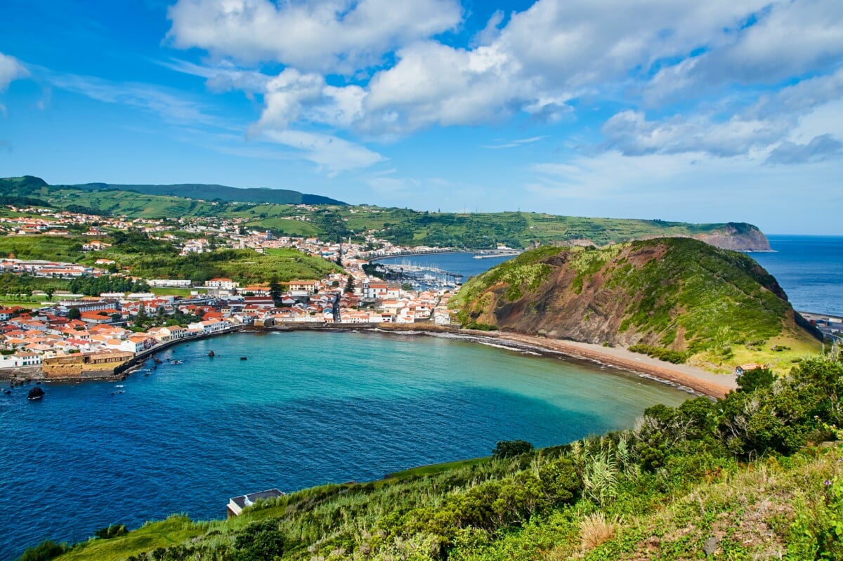 Aerial view of a city and ocean in Faial island of Azores, Portugal