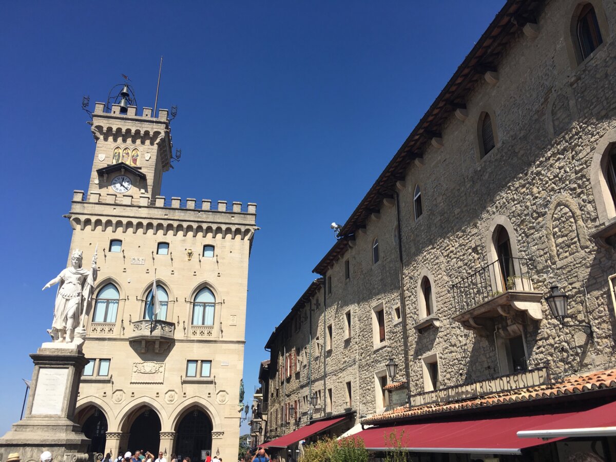 Statues and historic buildings in the castle of San Marino