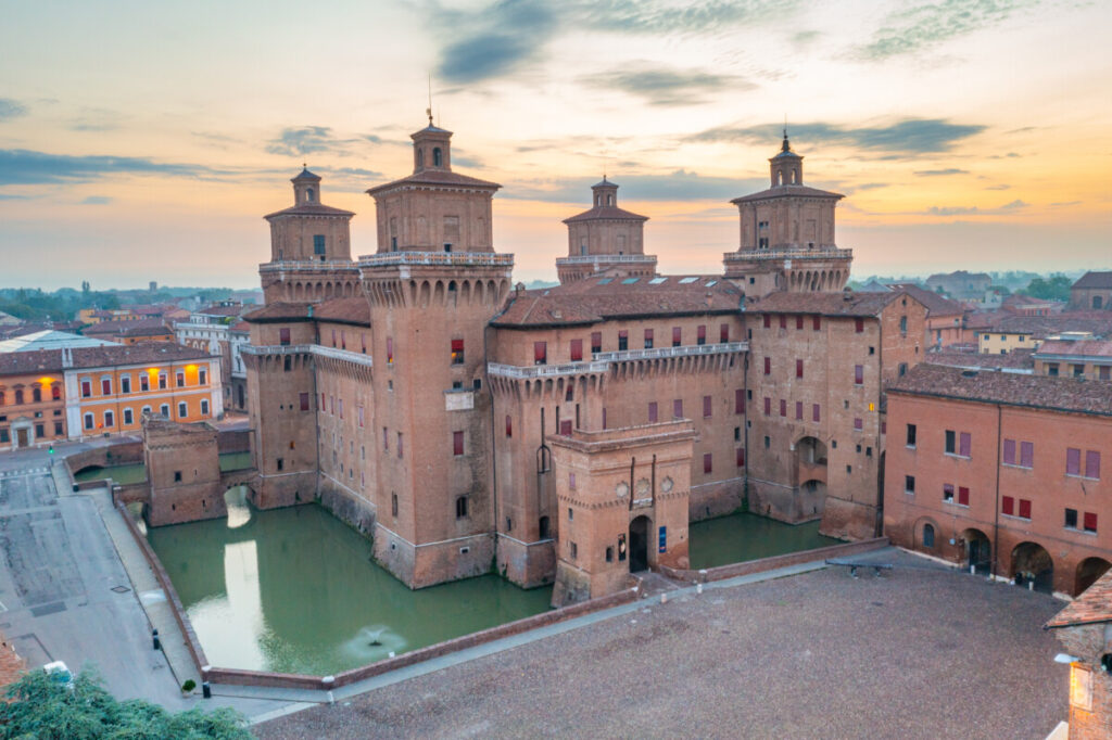 Aerial view of Castello Estense in Ferrara, Italy