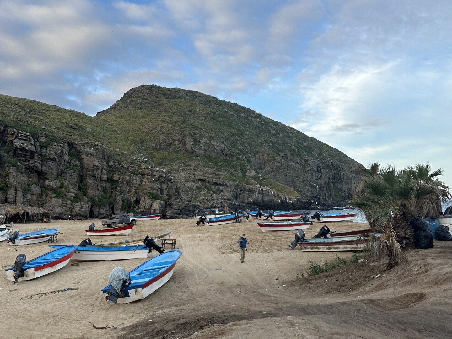  Sandy shore dotted with small white, blue, and red boats, with hills in background at Todos Santos 