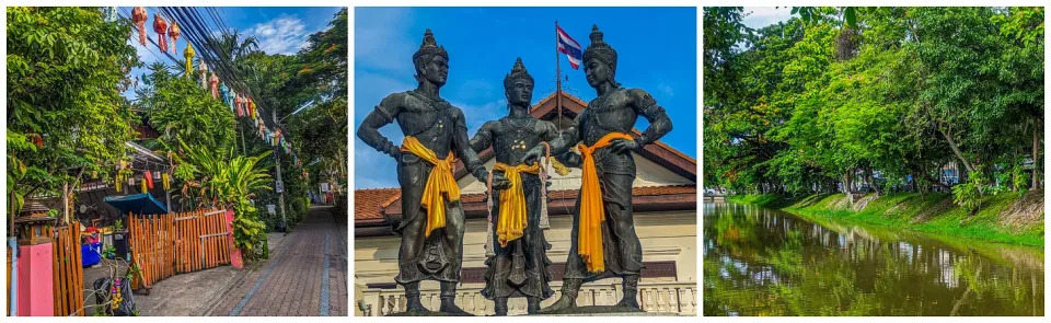 A street in Chiang Mai, Thailand; three Thai kings; a canal