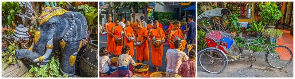 A Buddhist shrine, including an elephant; monks in orange robes; a rickshaw