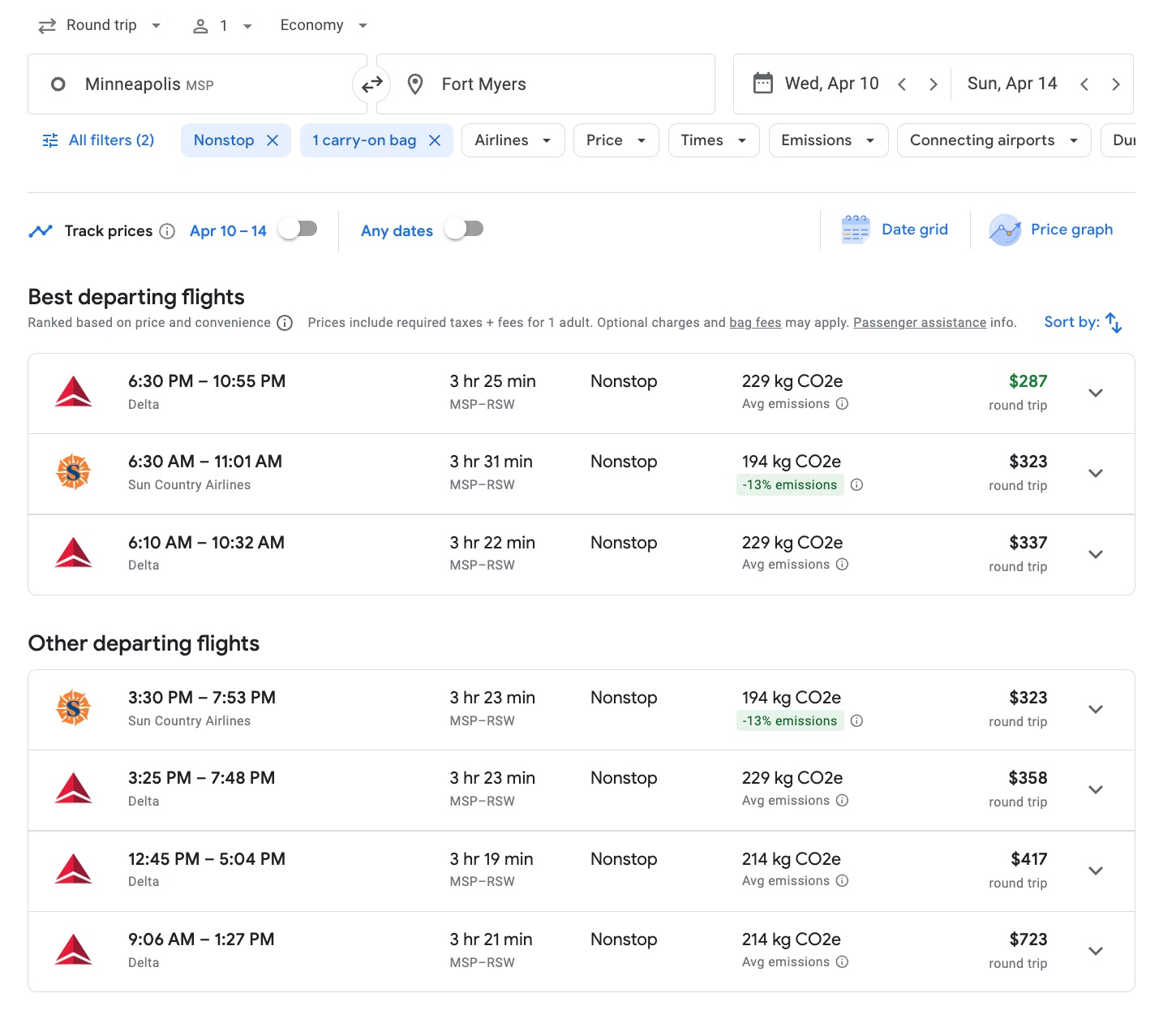 Google Flights search for flights from Minneapolis (MSP) to Fort Myers (RSW)