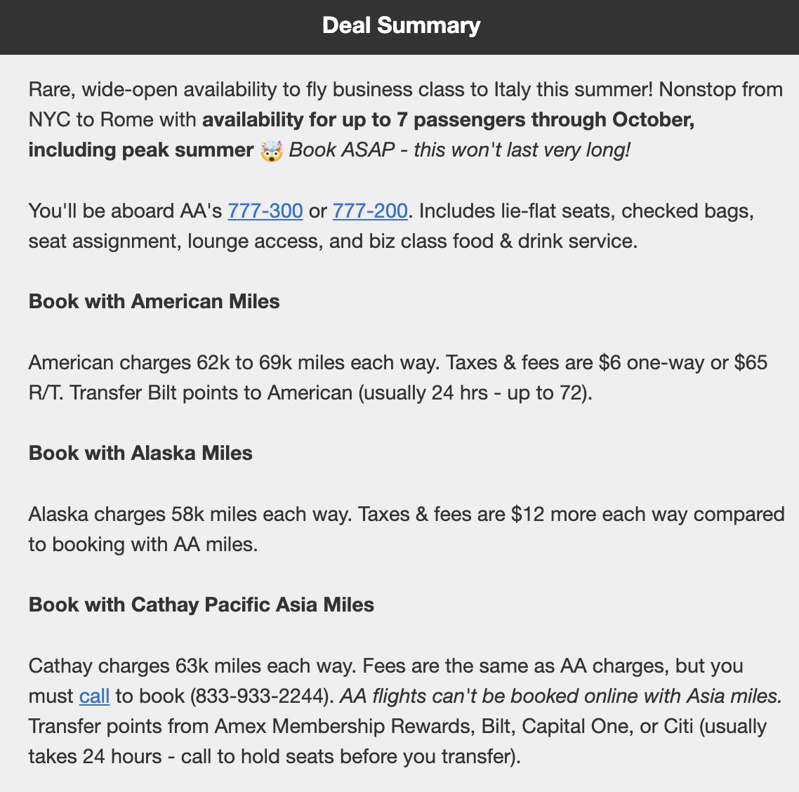 AA business class to Italy