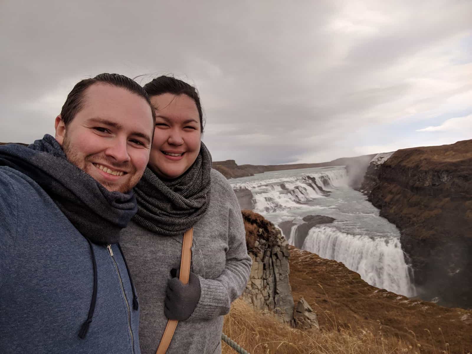 Selfie of Riana and Colin at Gullfoss Falls in Iceland on the Golden Circle route 