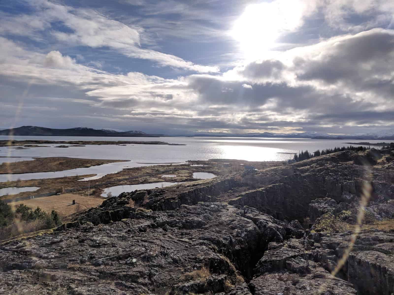 Views of water, rocks and clouds from Thingvellir National Park, Golden Circle, Iceland