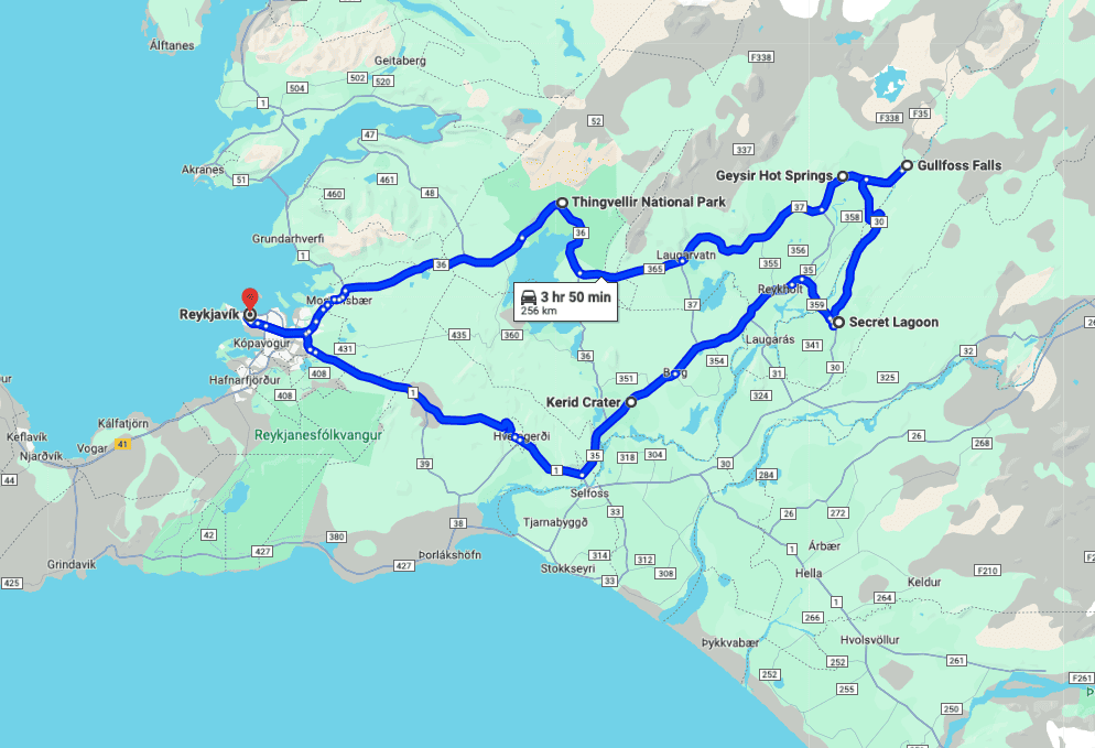 Map of Iceland's Golden Circle Route with driving times from Reykjavik