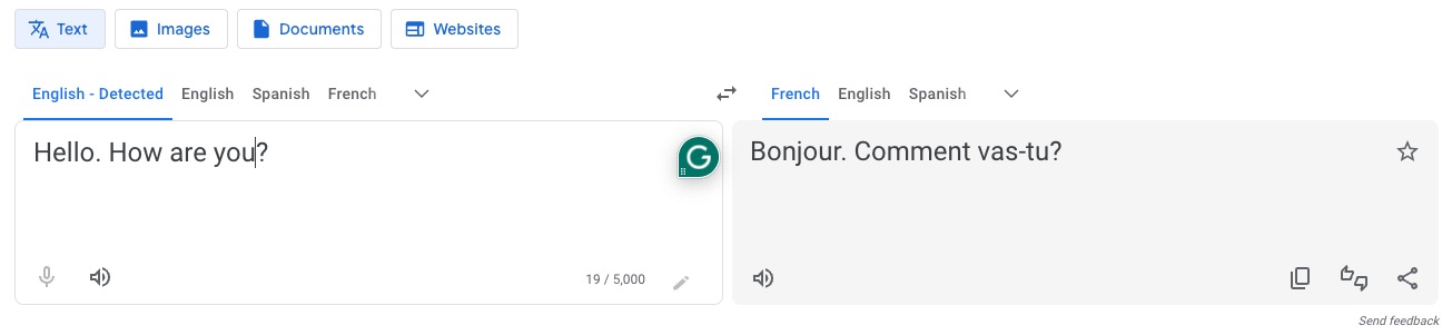 English to French translation via Google Translate